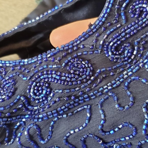 Vintage 90s Scala Navy Blue Beaded Silk Long Gown Cutouts Sz 2 4 - Picture 14 of 15